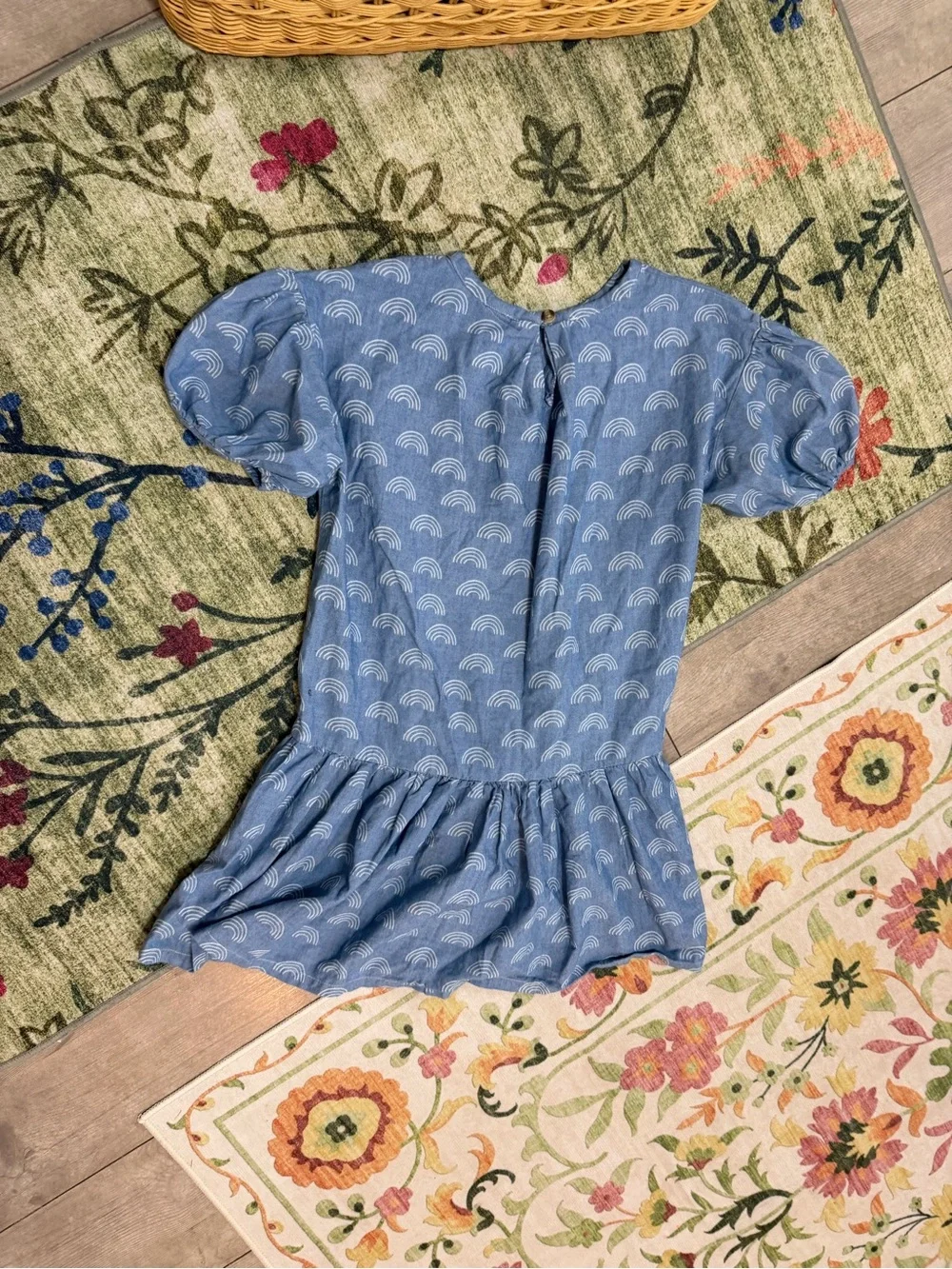 Tea Collection Girl’s Denim Blue Rainbow Puff-Sleeve Dress Size 7 100% Cotton
